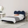 Gidea Velvet Upholstered Bed Frame With Scalloped Headboard & Golden Chrome Legs -Daals Shop JAH 07 NAVYVEL main