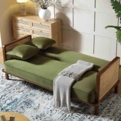 Pienza Cane Sofa Bed, Moss Green Velvet With Walnut Frame 20 Pienza Cane Sofa Bed, Moss Green Velvet With Walnut Frame -Daals Shop LWSF 760 GREENVEL WALN scene2