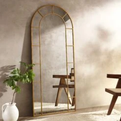 Beaumont Arched Full Lenth Metal Frame Mirror 178 X 76 Cm, Antique Gold Effect