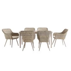 Cliveden Outdoor Aluminium Washed Wood Effect And Round Wicker Rattan 6-Seater Dining Set -Daals Shop OD DINE 1007 NAT WB2