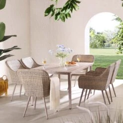 Cliveden Outdoor Aluminium Washed Wood Effect And Round Wicker Rattan 6-Seater Dining Set -Daals Shop OD DINE 1007 NAT scene2