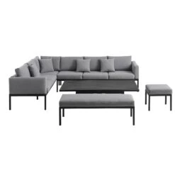 Calabasas Large Outdoor Fabric And Aluminium Corner Casual Dining Set With Rising Table, Dark Grey -Daals Shop OD DINE 1027 DARKGREY WB4