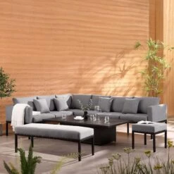 Calabasas Large Outdoor Fabric And Aluminium Corner Casual Dining Set With Rising Table, Dark Grey -Daals Shop OD DINE 1027 DARKGREY scene2