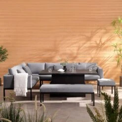 Calabasas Large Outdoor Fabric And Aluminium Corner Casual Dining Set With Rising Table, Dark Grey -Daals Shop OD DINE 1027 DARKGREY scene3
