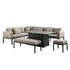 Calabasas Large Outdoor Fabric And Aluminium Corner Casual Dining Set With Rising Table, Taupe -Daals Shop OD DINE 1027 TAUPE WB1