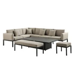 Calabasas Large Outdoor Fabric And Aluminium Corner Casual Dining Set With Rising Table, Taupe -Daals Shop OD DINE 1027 TAUPE WB2