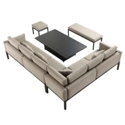 Calabasas Large Outdoor Fabric And Aluminium Corner Casual Dining Set With Rising Table, Taupe -Daals Shop OD DINE 1027 TAUPE WB4