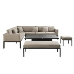 Calabasas Large Outdoor Fabric And Aluminium Corner Casual Dining Set With Rising Table, Taupe -Daals Shop OD DINE 1027 TAUPE WB5