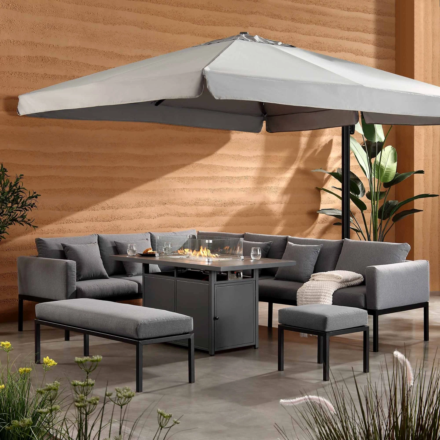 Calabasas Large Outdoor Fabric And Aluminium Corner Casual Dining Set With Firepit Table, Dark Grey 3 Calabasas Large Outdoor Fabric And Aluminium Corner Casual Dining Set With Firepit Table, Dark Grey