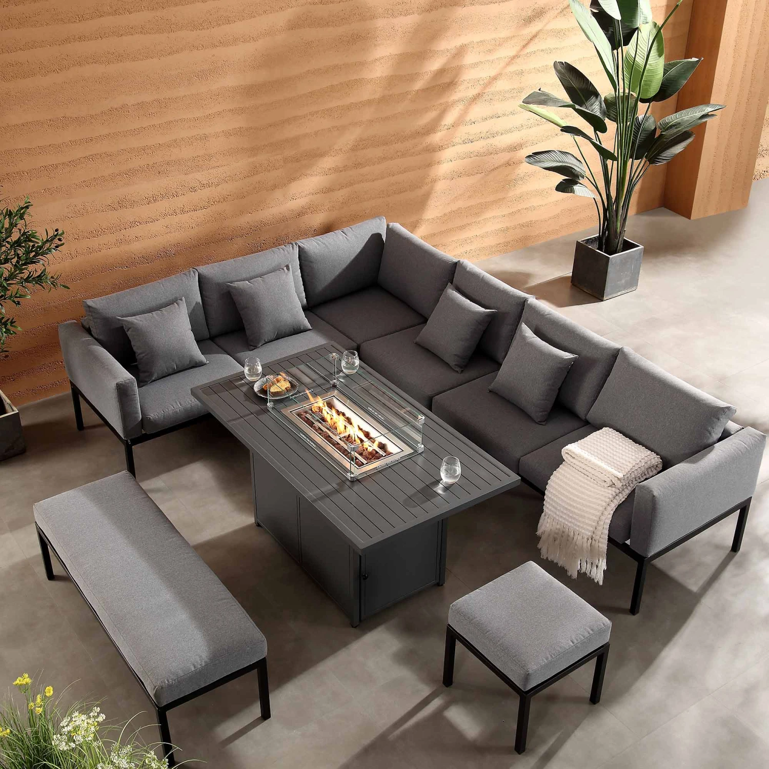 Calabasas Large Outdoor Fabric And Aluminium Corner Casual Dining Set With Firepit Table, Dark Grey 4 Calabasas Large Outdoor Fabric And Aluminium Corner Casual Dining Set With Firepit Table, Dark Grey - Image 2