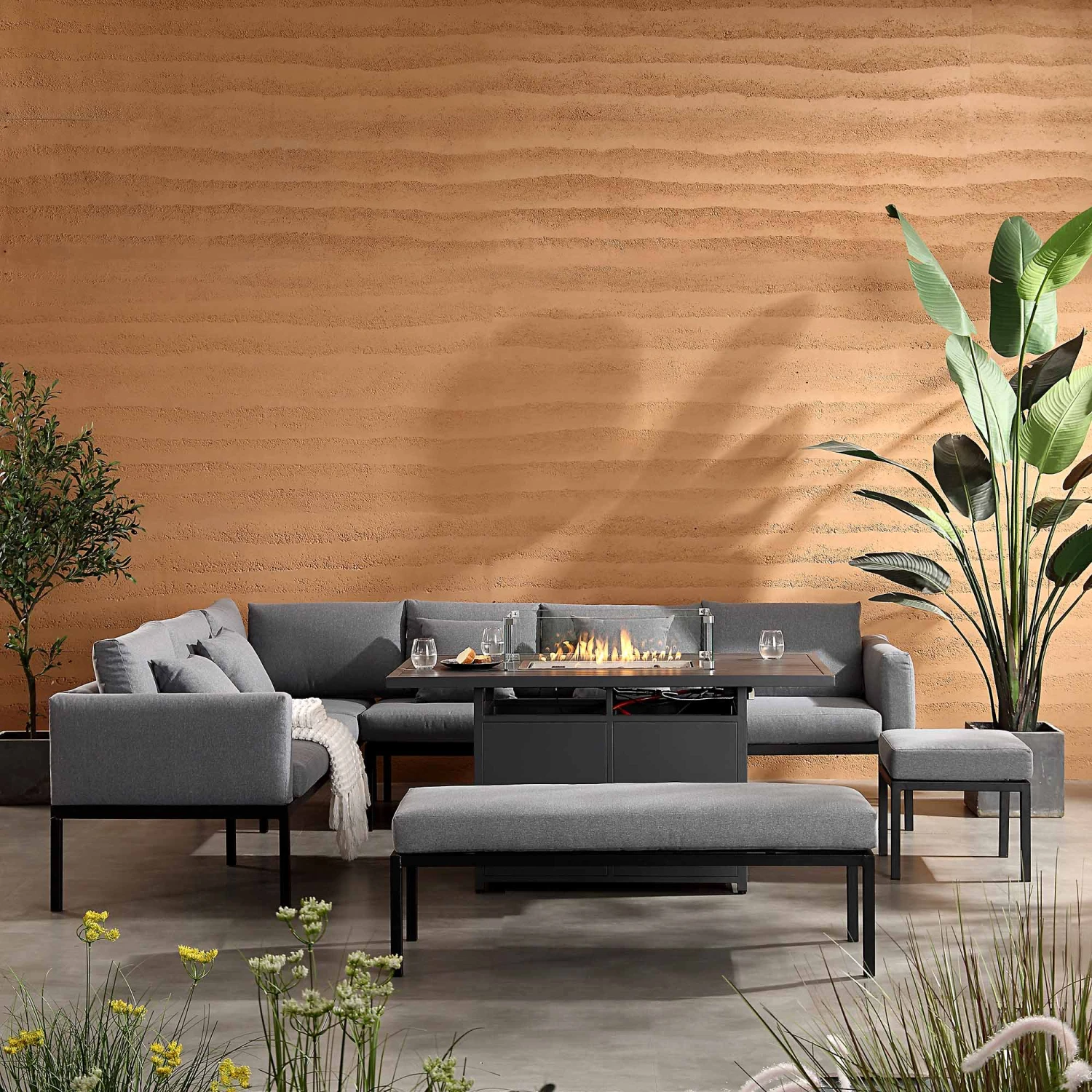 Calabasas Large Outdoor Fabric And Aluminium Corner Casual Dining Set With Firepit Table, Dark Grey 5 Calabasas Large Outdoor Fabric And Aluminium Corner Casual Dining Set With Firepit Table, Dark Grey - Image 3