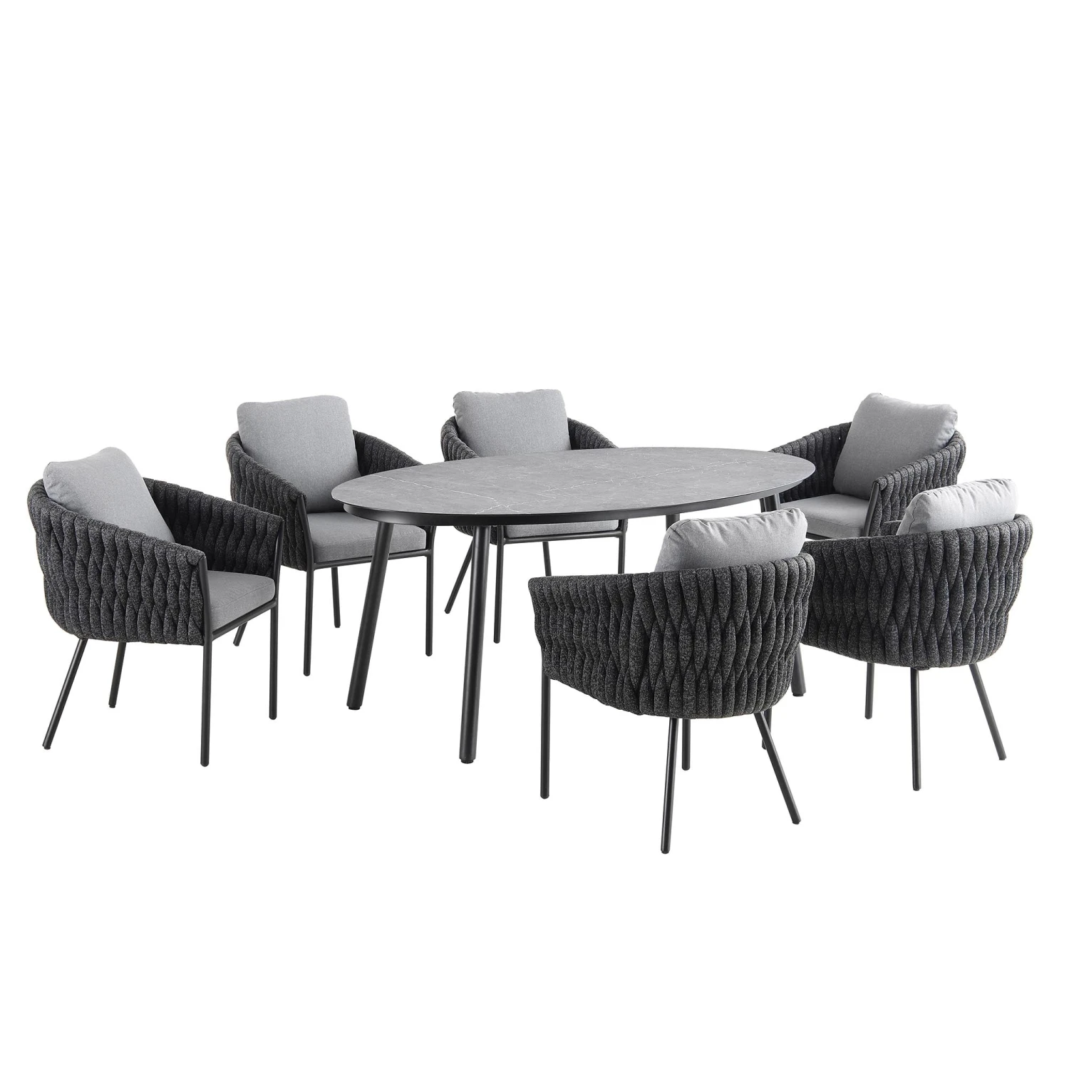 Montebello 6-Seater Outdoor Black Rope And Aluminium Oval Dining Set With Grey Ceramic Dining Table 5 Montebello 6-Seater Outdoor Black Rope And Aluminium Oval Dining Set With Grey Ceramic Dining Table - Image 3