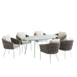 Montebello 6-Seater Outdoor Taupe Rope And Aluminium Oval Dining Set With White Ceramic Dining Table -Daals Shop OD DINE 1072 WHITE WB1