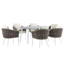 Montebello 6-Seater Outdoor Taupe Rope And Aluminium Oval Dining Set With White Ceramic Dining Table -Daals Shop OD DINE 1072 WHITE WB3