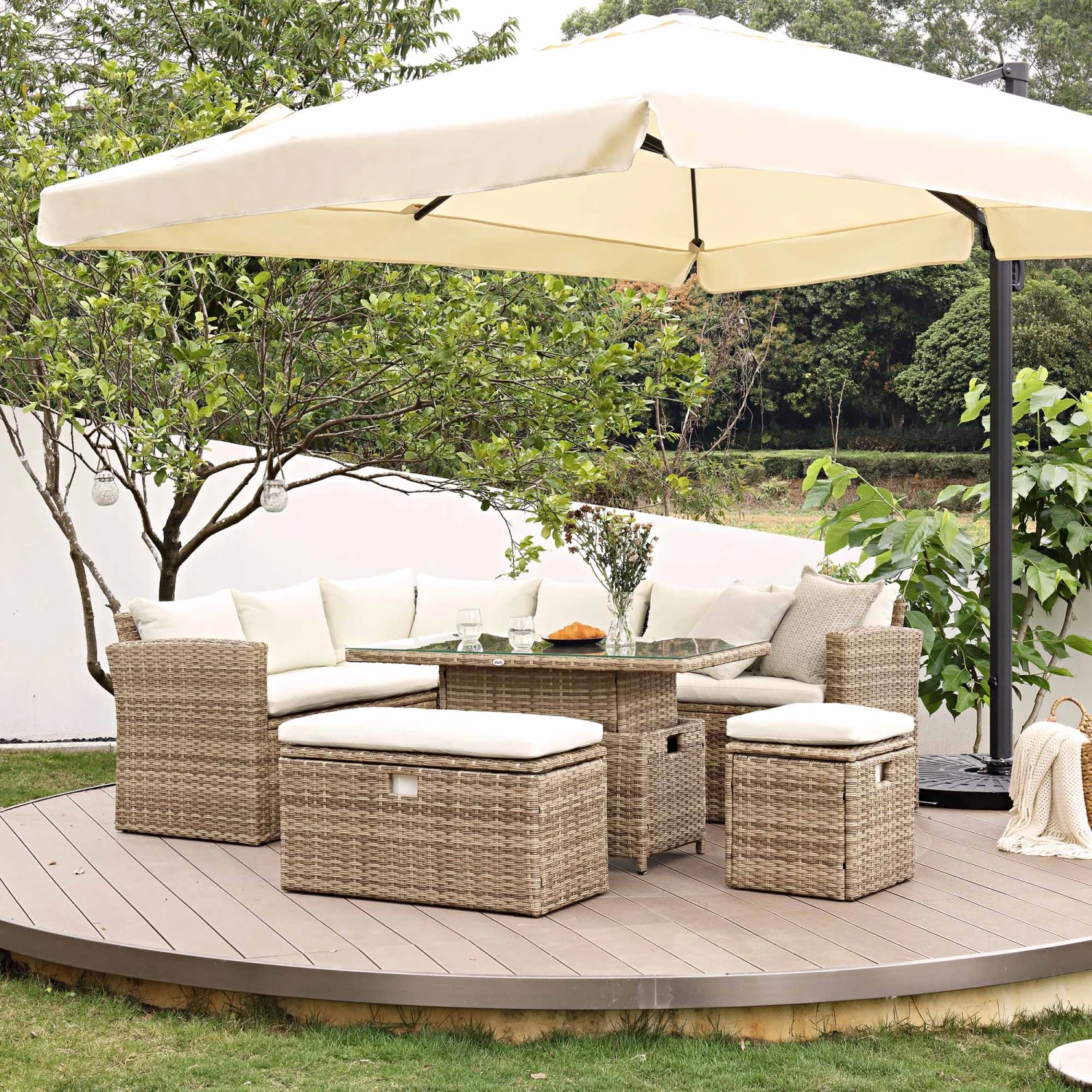 Granchester Rattan Rectangular Corner Dining Sofa Set With Rising Table, Natural 5 Granchester Rattan Rectangular Corner Dining Sofa Set With Rising Table, Natural - Image 3