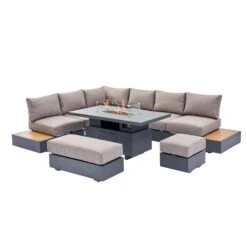 Jardin Aluminium Large Corner Casual Dining Set With Rising Firepit Table, Granite -Daals Shop OD DINE 906 GRANITE SET WB1