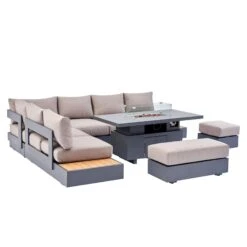 Jardin Aluminium Large Corner Casual Dining Set With Rising Firepit Table, Granite -Daals Shop OD DINE 906 GRANITE SET WB4