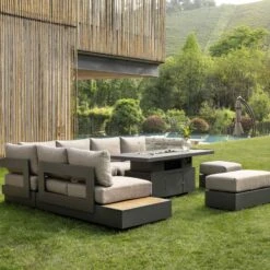 Jardin Aluminium Large Corner Casual Dining Set With Rising Firepit Table, Granite -Daals Shop OD DINE 906 GRANITE SET scene2