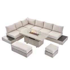 Jardin Aluminium Large Corner Casual Dining Set With Rising Firepit Table, Pumice 20 Jardin Aluminium Large Corner Casual Dining Set With Rising Firepit Table, Pumice -Daals Shop OD DINE 906 PUMICE SET WB1