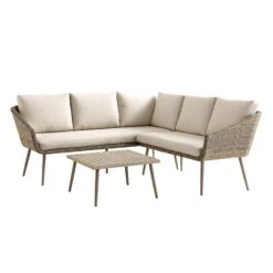 Cliveden Outdoor Aluminium Washed Wood Effect And Round Wicker Rattan Corner Sofa Set -Daals Shop OD SF 1070 NAT WB1