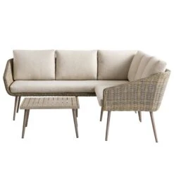 Cliveden Outdoor Aluminium Washed Wood Effect And Round Wicker Rattan Corner Sofa Set -Daals Shop OD SF 1070 NAT WB2