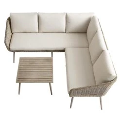 Cliveden Outdoor Aluminium Washed Wood Effect And Round Wicker Rattan Corner Sofa Set -Daals Shop OD SF 1070 NAT WB3