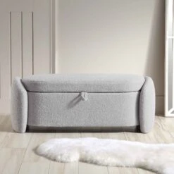 Loha Grey Teddy Boucle 129cm Large Storage Ottoman Bench -Daals Shop OTTO 271 GREY TEDDY scene2