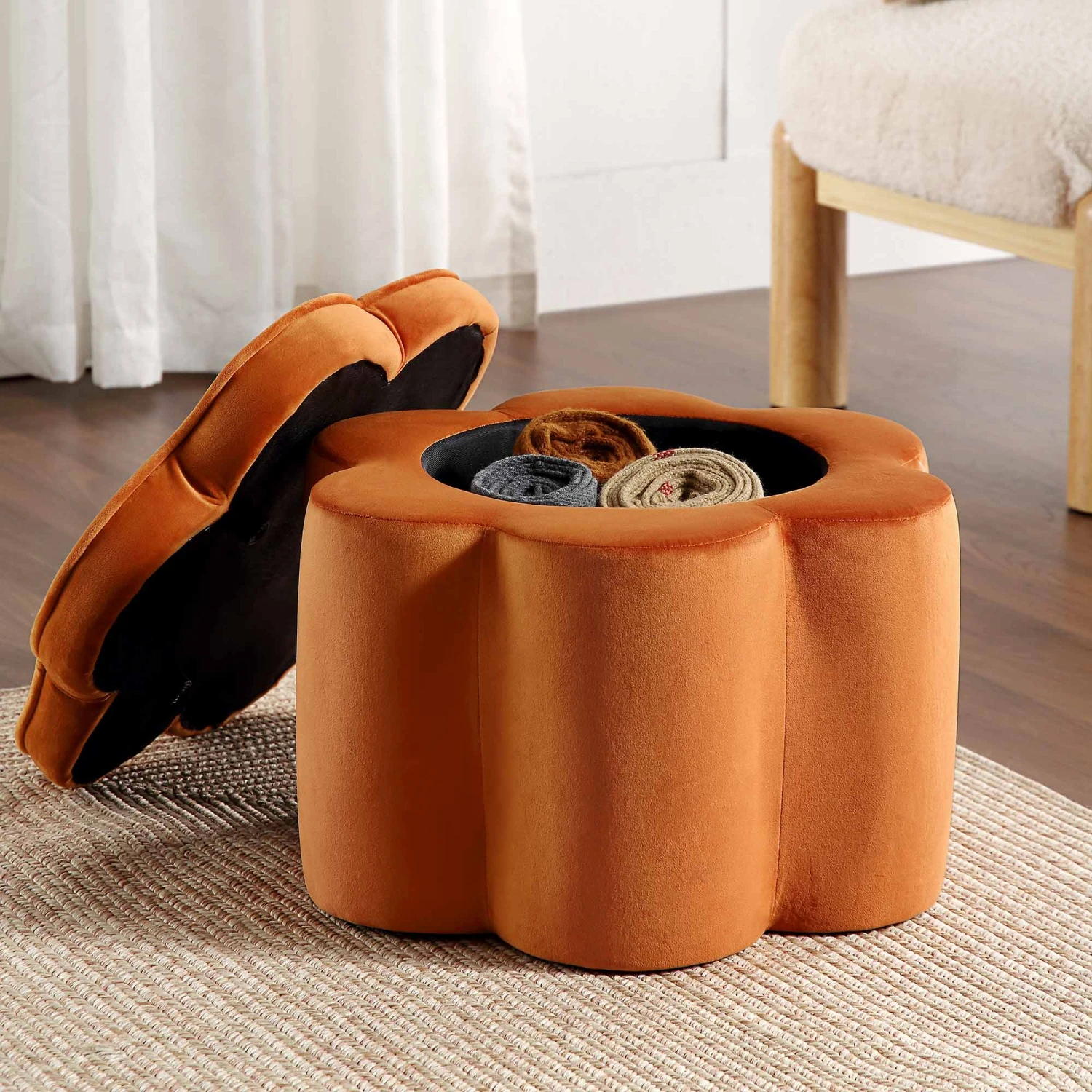 Pollie Orange Velvet Storage Stool 4 Pollie Orange Velvet Storage Stool - Image 2