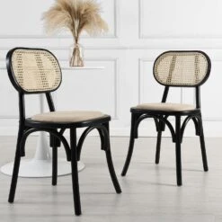 Anya Set Of 2 Cane Rattan And Upholstered Dining Chairs, Black Colour