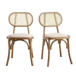 Anya Set Of 2 Cane Rattan And Upholstered Dining Chairs, Light Walnut -Daals Shop XN 1964 LIGHTWALNUT 2P WB1