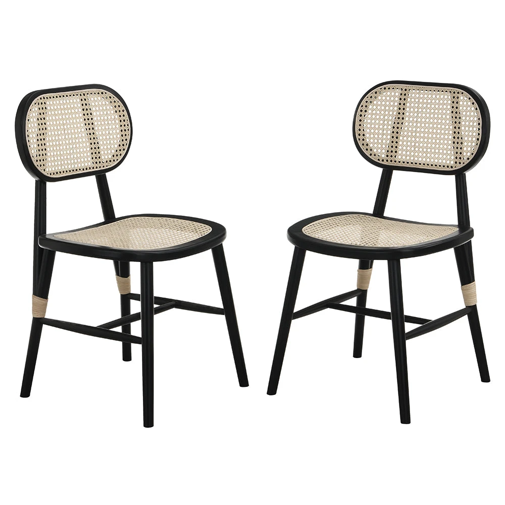 Anya+ Set Of 2 Cane Rattan And Upholstered Dining Chairs, Black Colour 4 Anya+ Set Of 2 Cane Rattan And Upholstered Dining Chairs, Black Colour - Image 2