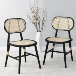 Anya+ Set Of 2 Cane Rattan And Upholstered Dining Chairs, Black Colour