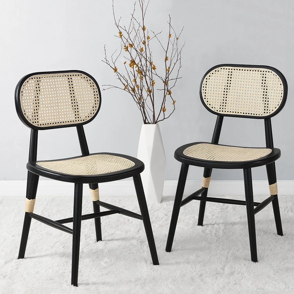 Anya+ Set Of 2 Cane Rattan And Upholstered Dining Chairs, Black Colour 3 Anya+ Set Of 2 Cane Rattan And Upholstered Dining Chairs, Black Colour
