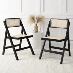 Frances Set Of 2 Folding Cane Rattan Chairs, Black Colour