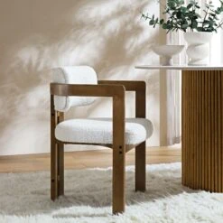 Stanford Curved Oak Frame Upholstered Chair, White Boucle Light Walnut Frame -Daals Shop XNDCH 727 WHITE BOUCLE scene1