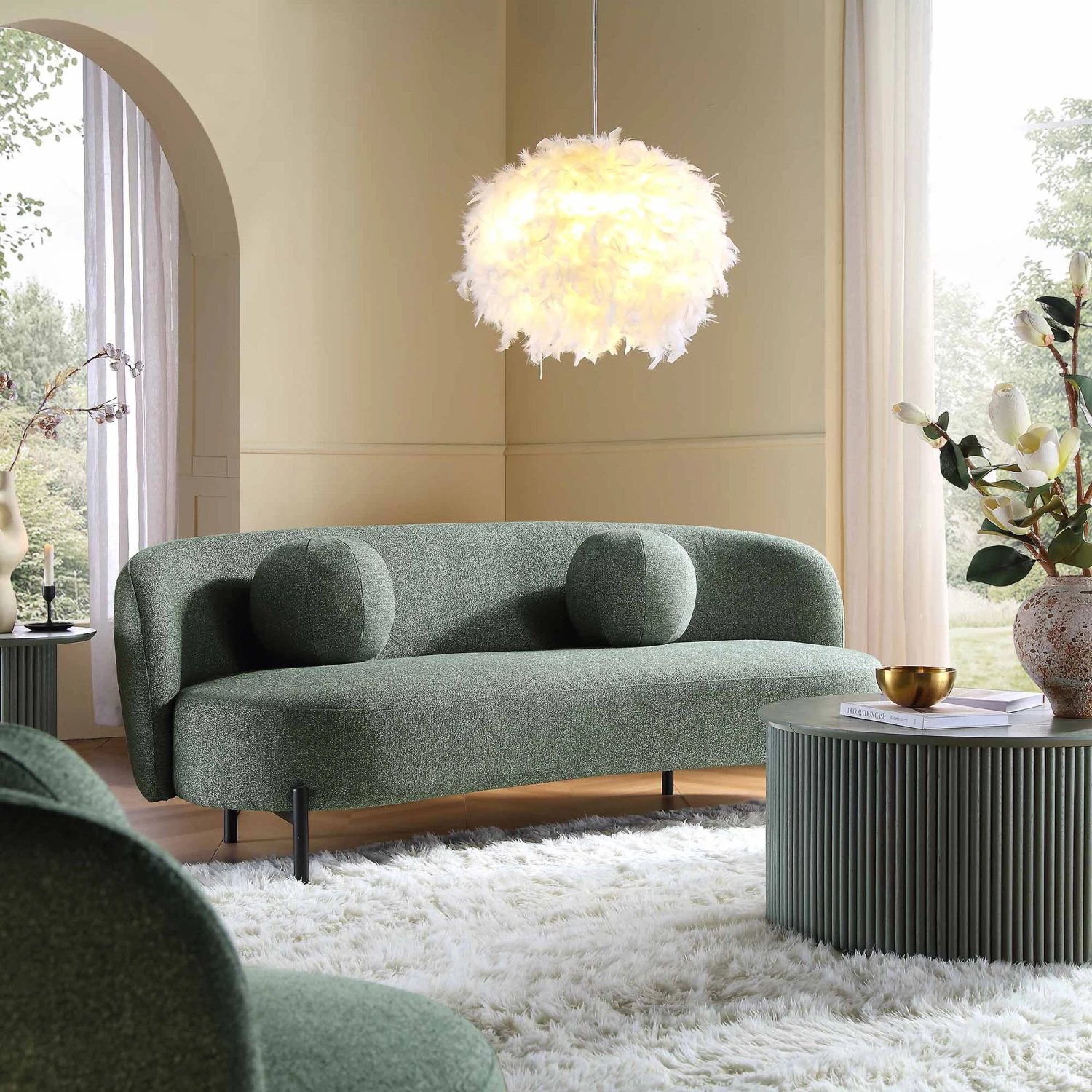 Amboise 3-Seater Curved Sofa With Ball Cushions, Spruce Green Textured Fabric 3 Amboise 3-Seater Curved Sofa With Ball Cushions, Spruce Green Textured Fabric