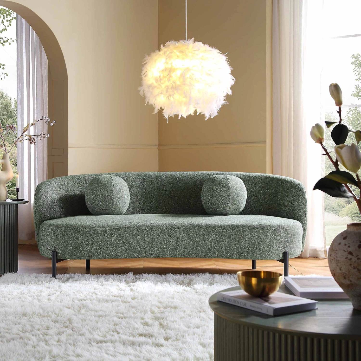 Amboise 3-Seater Curved Sofa With Ball Cushions, Spruce Green Textured Fabric 4 Amboise 3-Seater Curved Sofa With Ball Cushions, Spruce Green Textured Fabric - Image 2