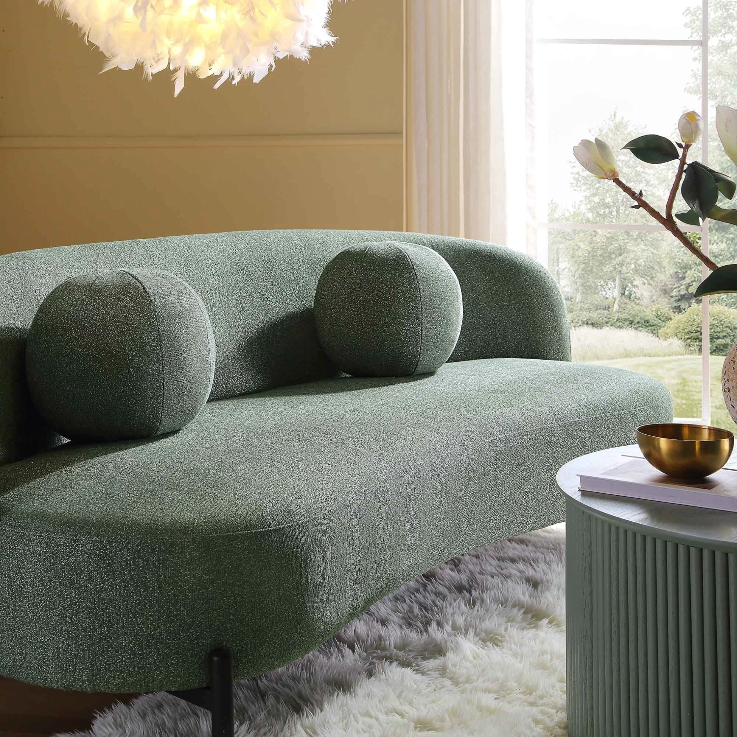 Amboise 3-Seater Curved Sofa With Ball Cushions, Spruce Green Textured Fabric 6 Amboise 3-Seater Curved Sofa With Ball Cushions, Spruce Green Textured Fabric - Image 4