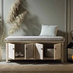 Chantilly Whitewashed Carved Storage Bench -Daals Shop XXST 016 WHITEWASH scene2