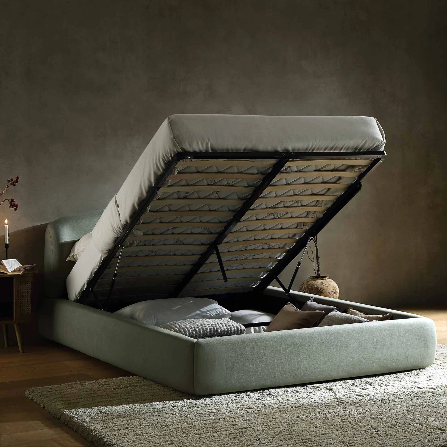 Constance Winged Headboard Ottoman Storage Bed, Olive Linen 5 Constance Winged Headboard Ottoman Storage Bed, Olive Linen - Image 3