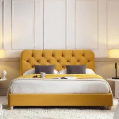 Leamington Deep-Buttoned Upholstered Bed, Turmeric Yellow Velvet -Daals Shop ZX 1063 MUST VEL scene1