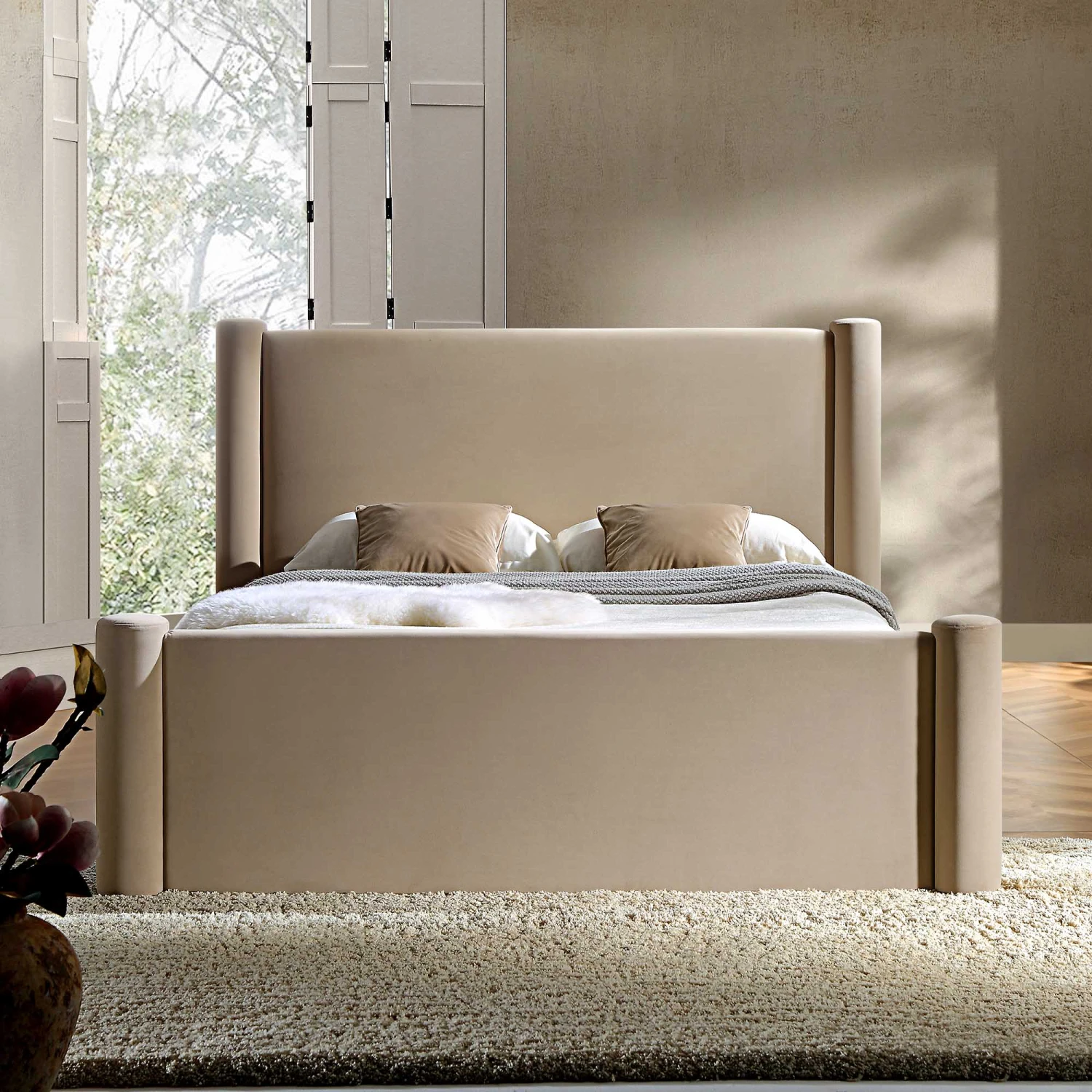 Galerie Taupe Velvet Pillar Upholstered Bed 4 Galerie Taupe Velvet Pillar Upholstered Bed - Image 2