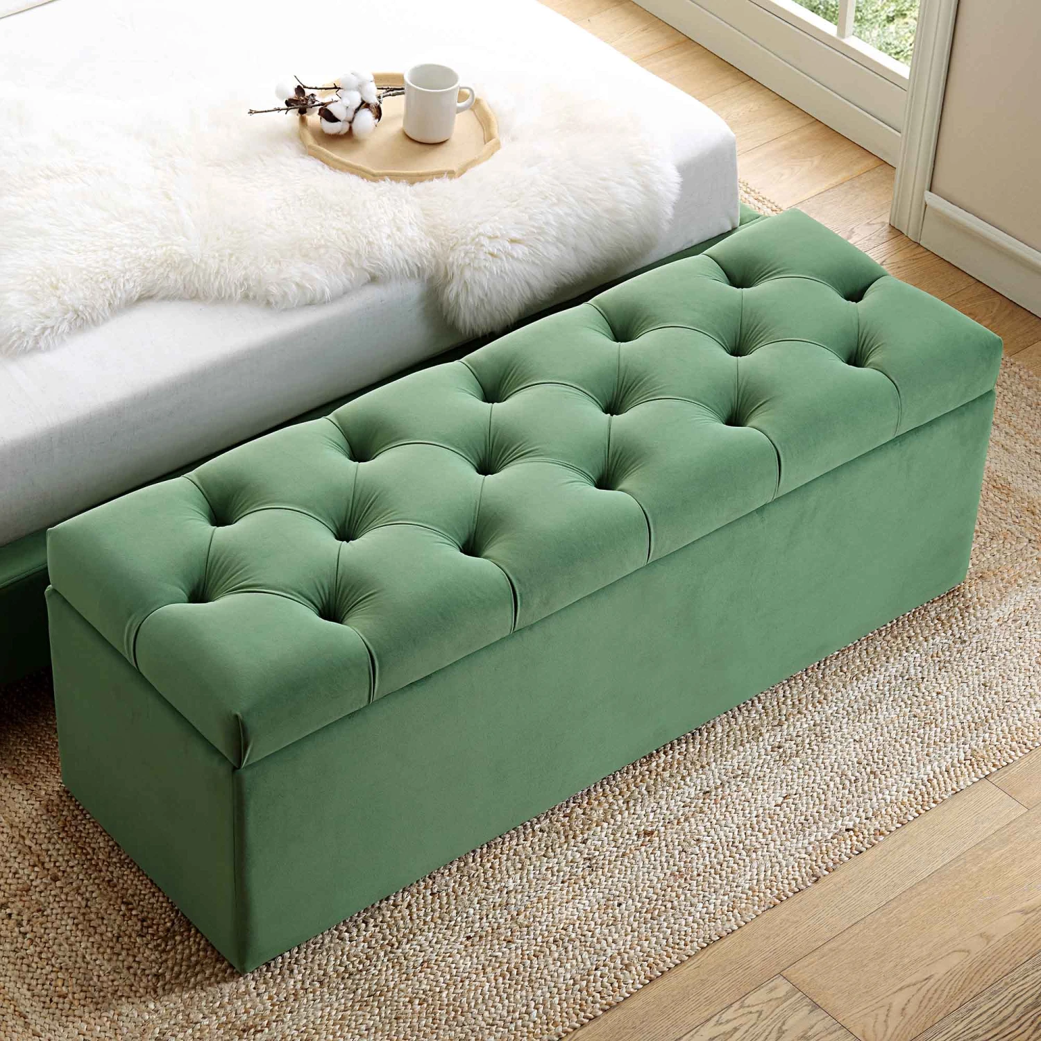 Leamington Deep-Buttoned Ottoman Storage Bench, Meadow Green Velvet 5 Leamington Deep-Buttoned Ottoman Storage Bench, Meadow Green Velvet - Image 3