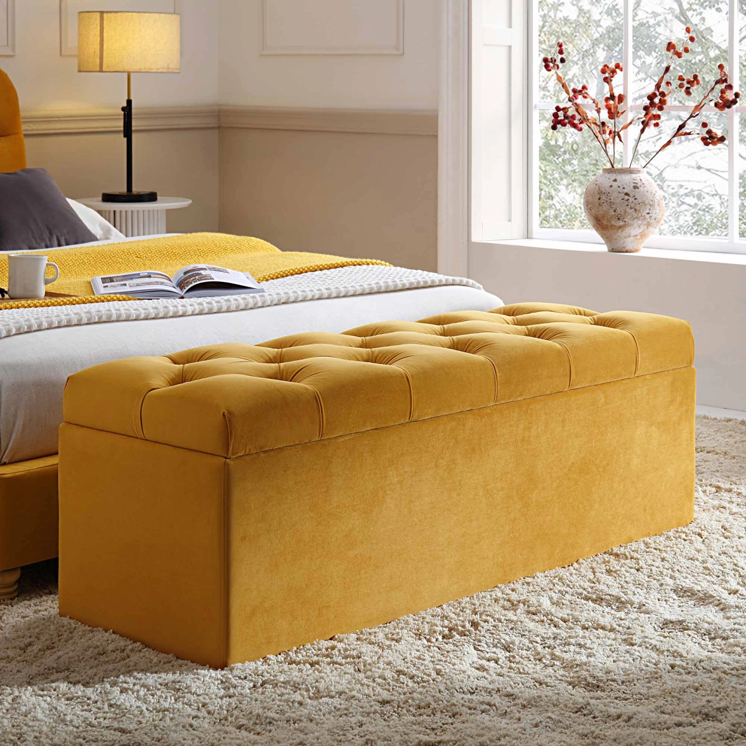 Leamington Deep-Buttoned Ottoman Storage Bench, Turmeric Yellow Velvet 3 Leamington Deep-Buttoned Ottoman Storage Bench, Turmeric Yellow Velvet