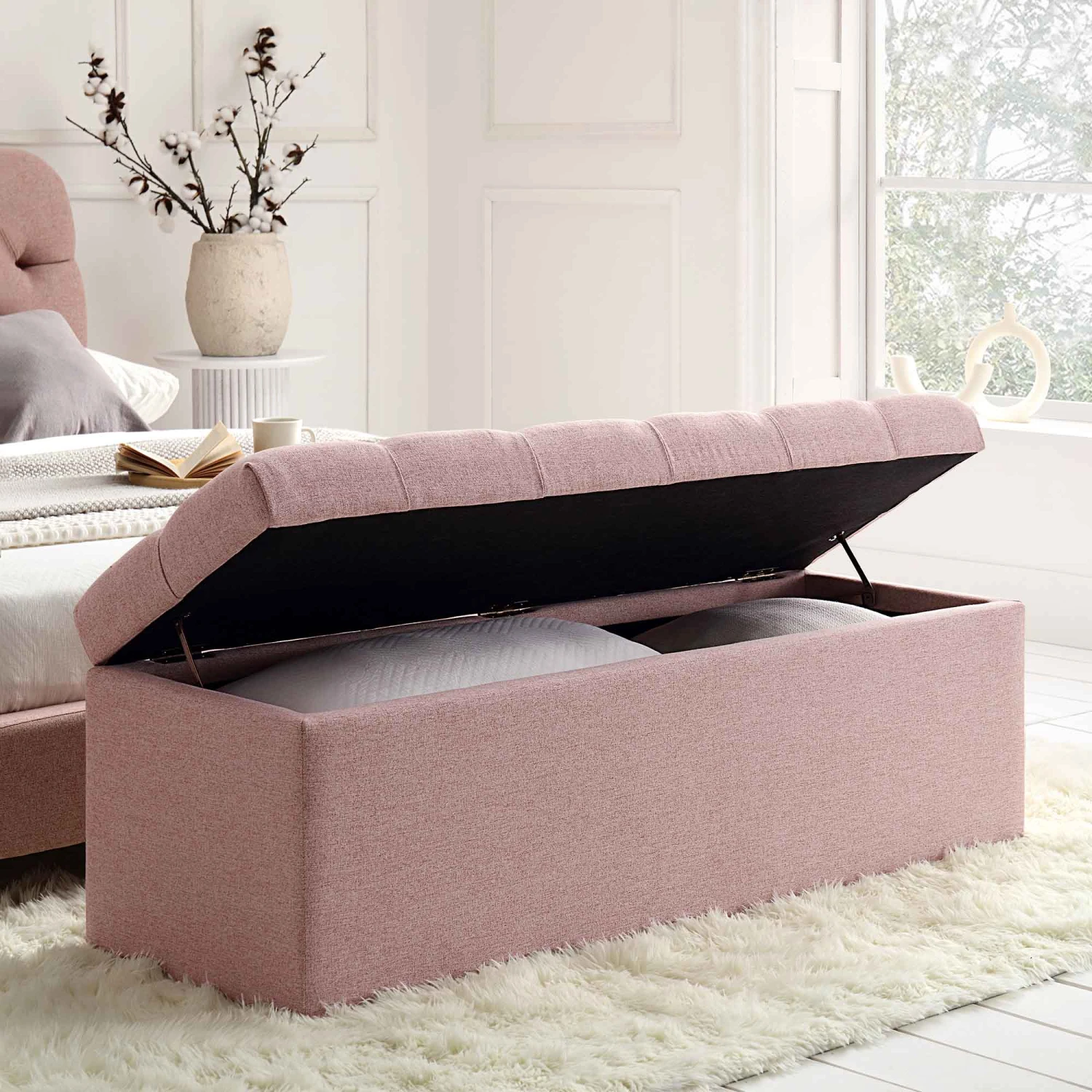 Leamington Deep-Buttoned Ottoman Storage Bench, Rosewater Pink Fabric 4 Leamington Deep-Buttoned Ottoman Storage Bench, Rosewater Pink Fabric - Image 2