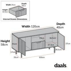 Richmond Ridged 120cm Wide TV Media Unit, Matte Black -Daals Shop dimensional drawings NOV 2022 BSD 106